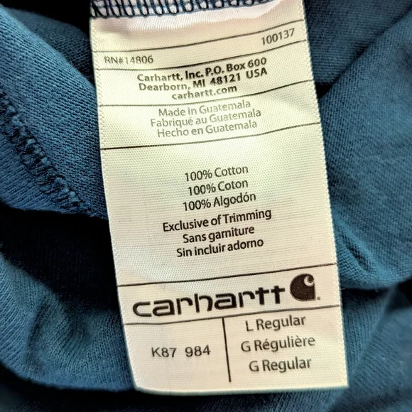 Carhartt Teal 100% Cotton Original‎ Fit Tee Shirt, L - Picture 6 of 6